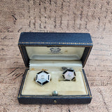 Dazzling Vintage Onyx Diamond and Mother of Pearl Cufflinks in Sterling Silver