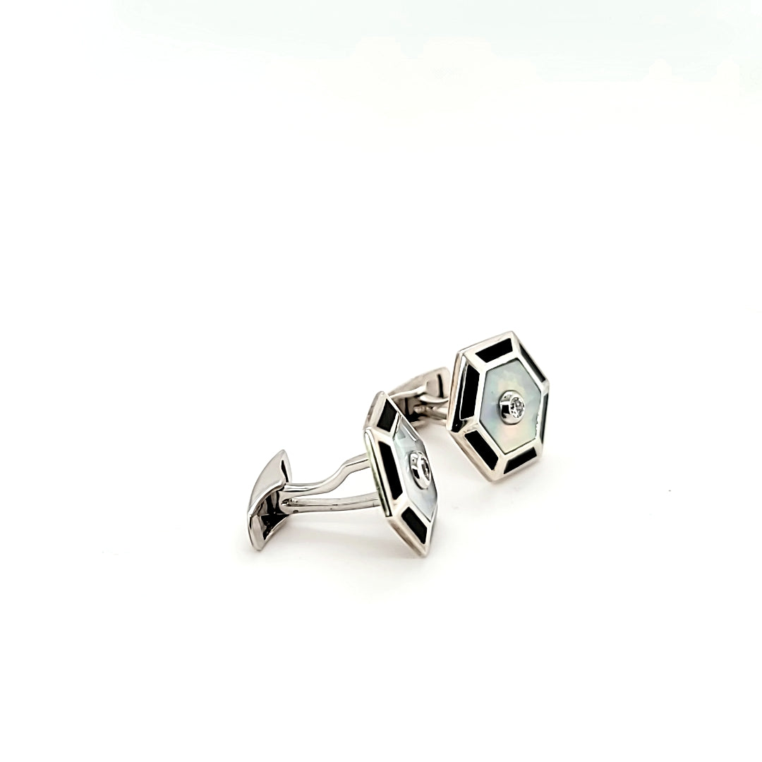 Dazzling Vintage Onyx Diamond and Mother of Pearl Cufflinks in Sterling Silver | Peter's Vaults