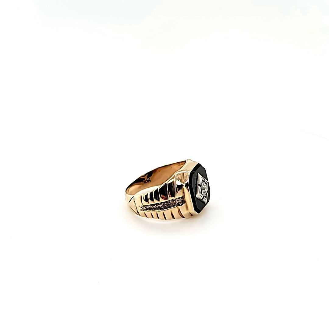 Gleaming Onyx and Old Mine Cut Diamond Gents Pinky Ring in 10K Gold - ULTRA RARE  Peter's Vaults 