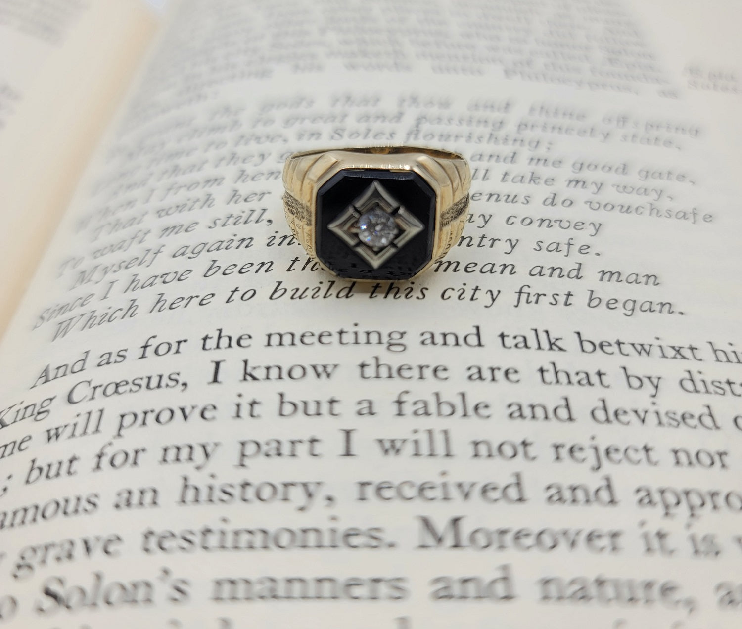 Gleaming Onyx and Old Mine Cut Diamond Gents Pinky Ring in 10K Gold - ULTRA RARE  Peter's Vaults