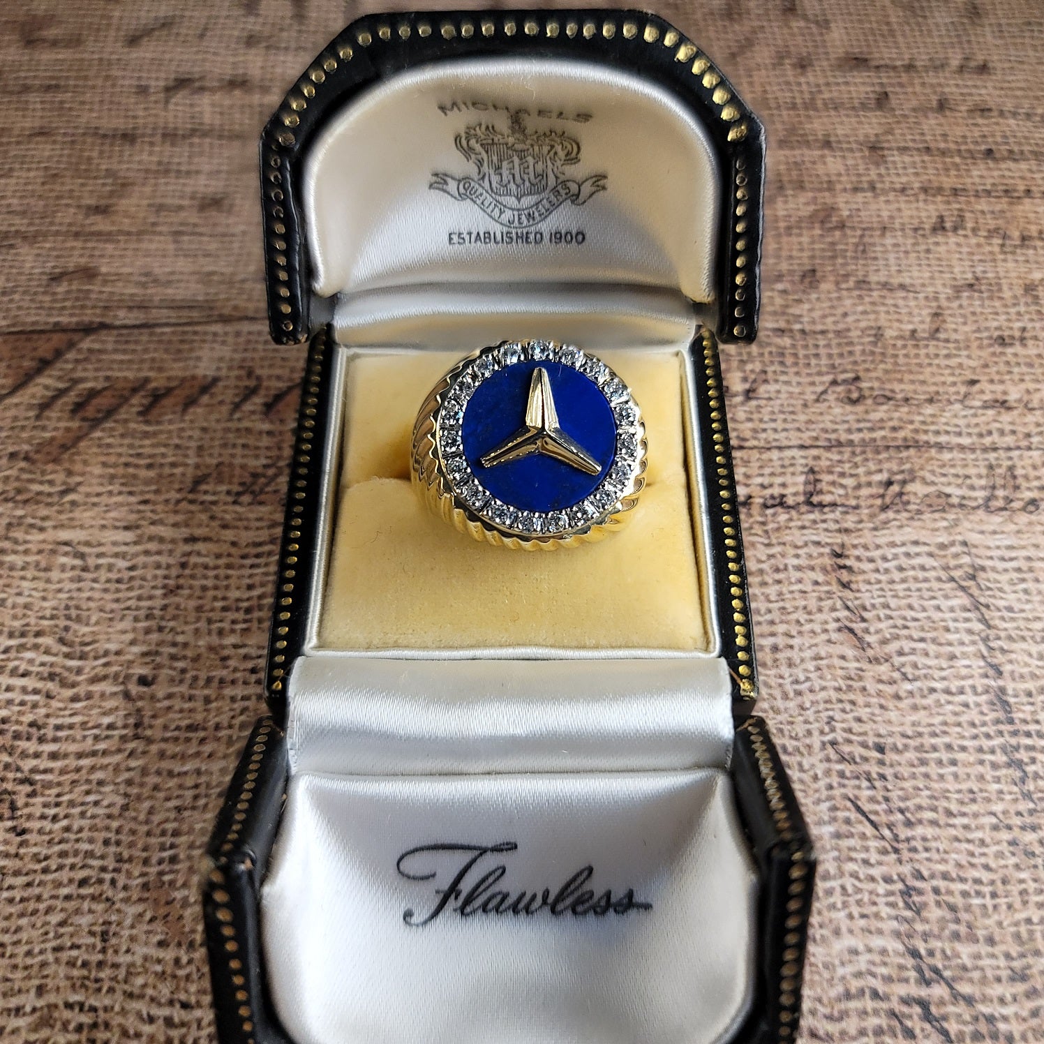 Shimmering Vintage Mercedes Benz Diamond and Lapis Lazuli Signet Mens Ring in 14K | Peter's Vaults