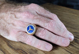 Shimmering Vintage Mercedes Benz Diamond and Lapis Lazuli Signet Mens Ring in 14K | Peter's Vaults