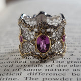 Striking Pink Sapphire and Diamond Filigree Band Handcrafted in Italy in 18K Gold