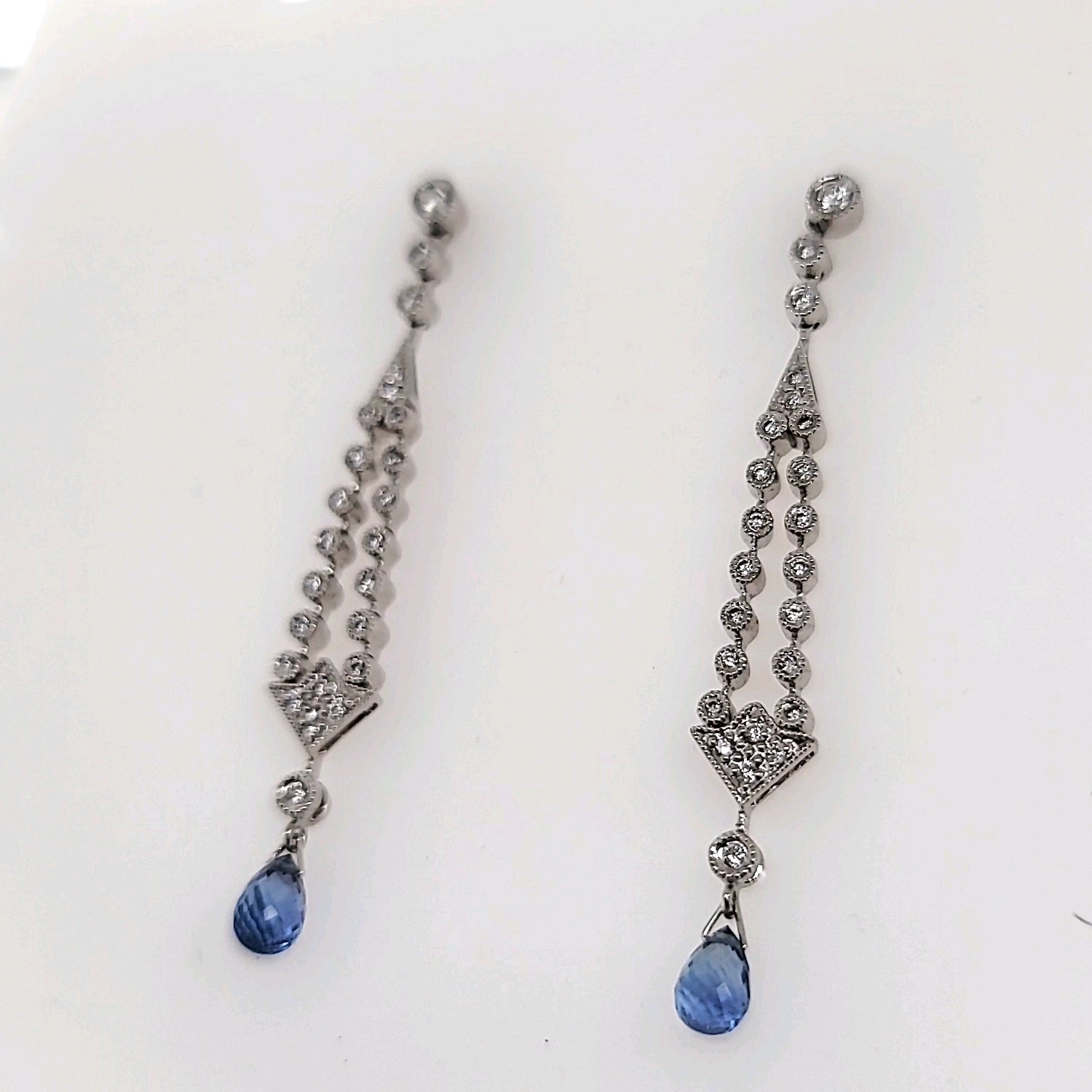 Stunning Diamond & Briolette Sapphire Dangle Drop Earrings in 18KW  Peter's Vault 
