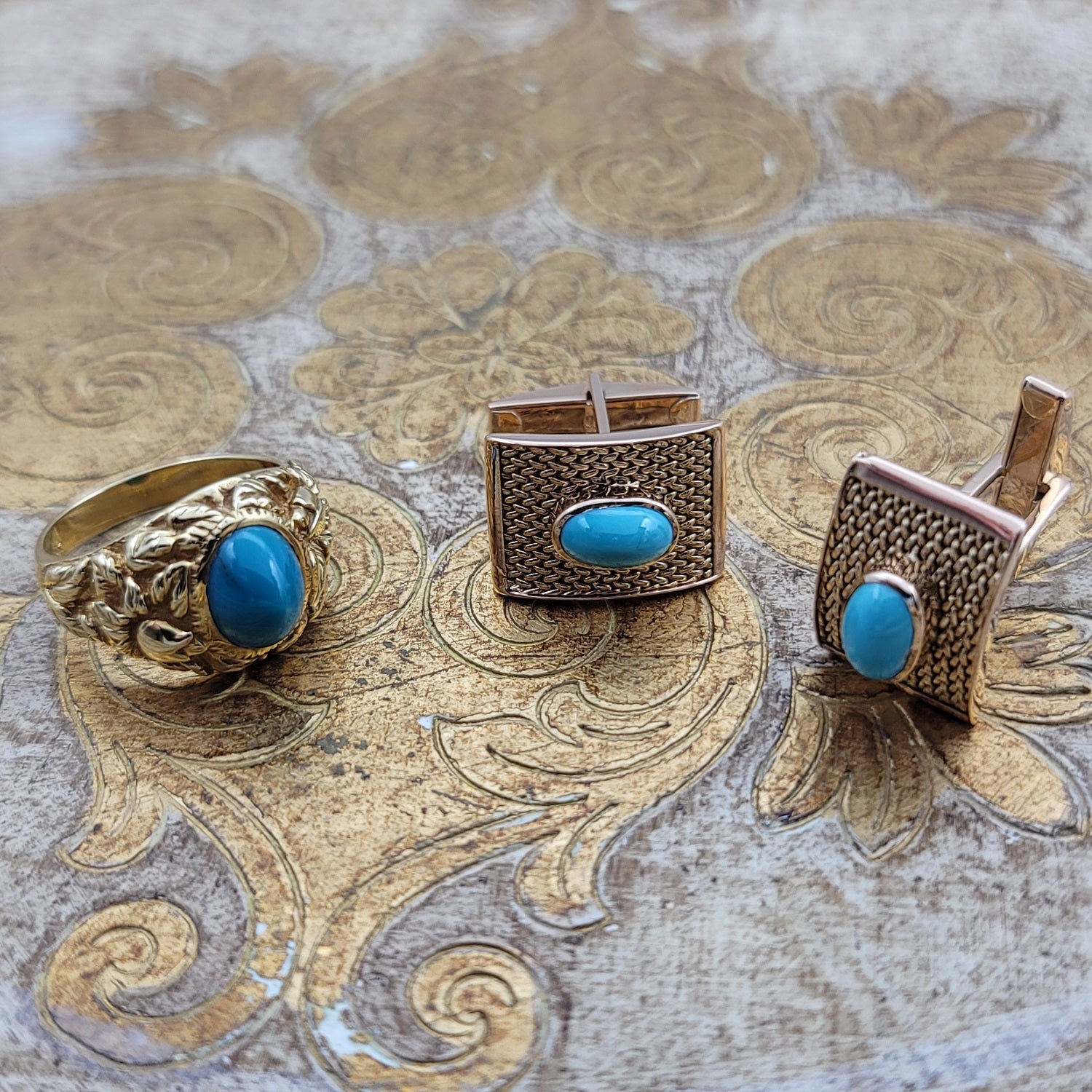 Ultra Rare Vintage Turquoise Men's Nugget Ring and Cufflinks in 18K Gold | Peter's Vaults
