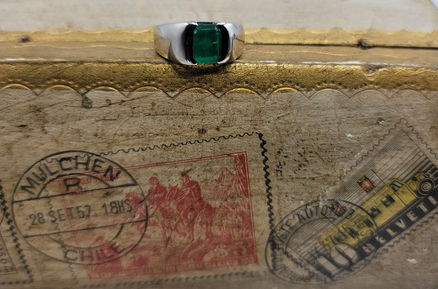 Super Rare Vintage Men's Pinky Ring with an Exquisite Green Emerald in 14K White Gold | Peter's Vaults