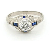Classic Hand Engraved Vintage Diamond and Sapphire Engagement Ring in Platinum