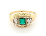 Antique Diamond and Emerald 3-Stone Engagement Ring in 14K Gold - Peters Vaults