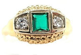 Antique Diamond and Emerald 3-Stone Engagement Ring in 14K Gold
