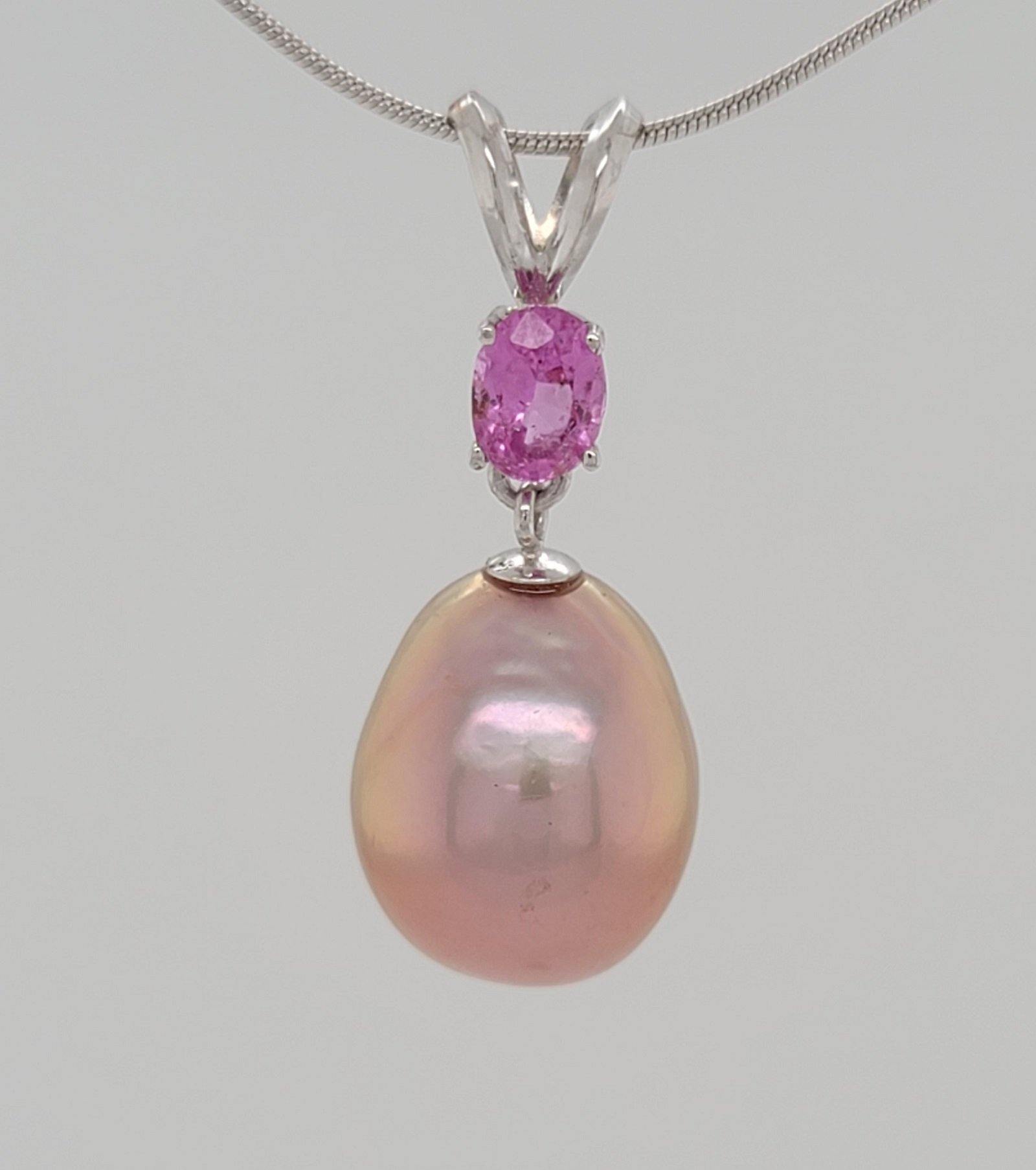 Metallic Edison Drop Pearl and Dark Pink Sapphire Necklace in 14KW  Gold - Peter's Vaults