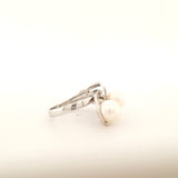 Shimmering Modern Day Past, Present and Future Pearl and Diamond Ring in 18K White Gold