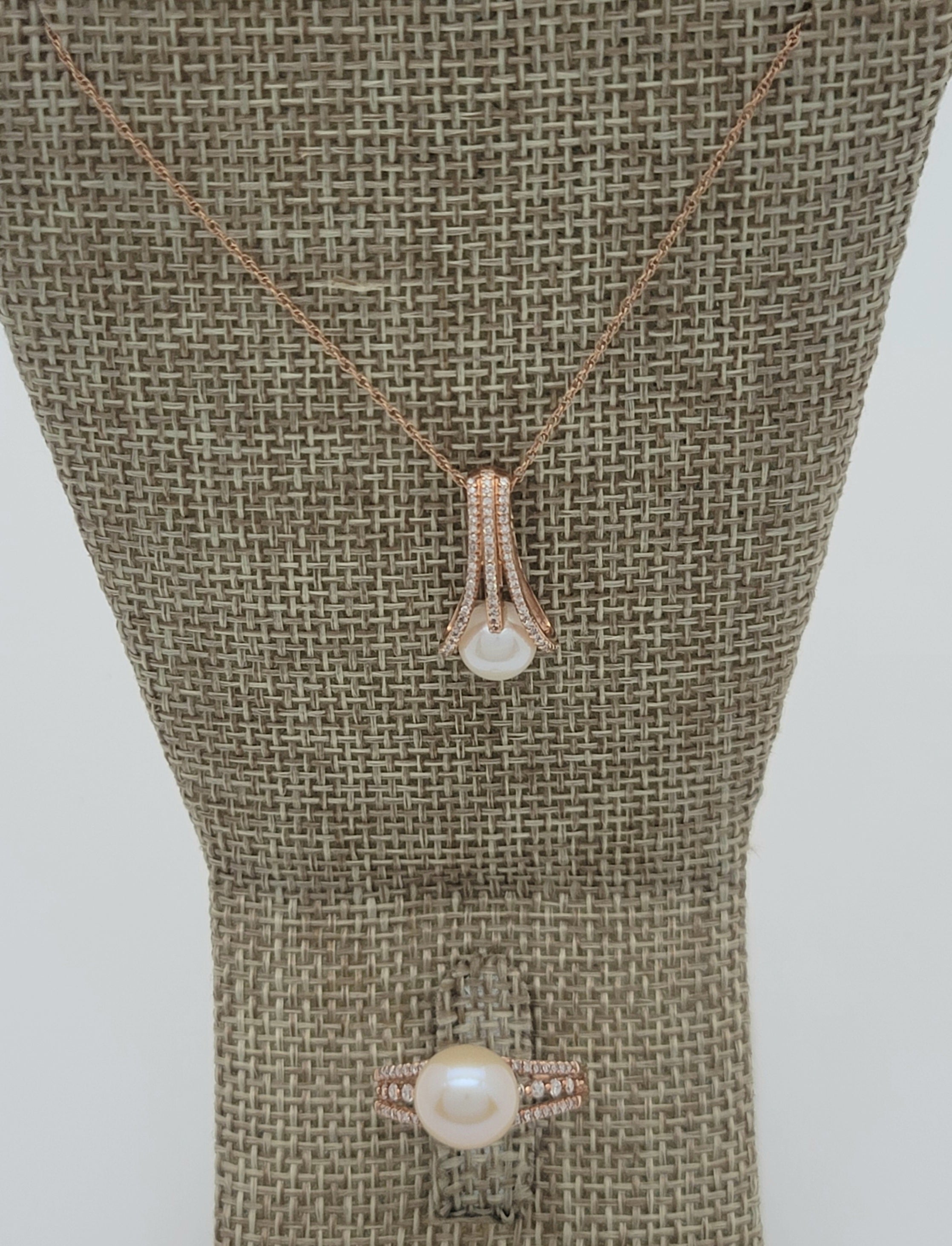 Whimsical Pearl and Diamond Ring and necklace set in 10K Rose Gold - Peters Vault