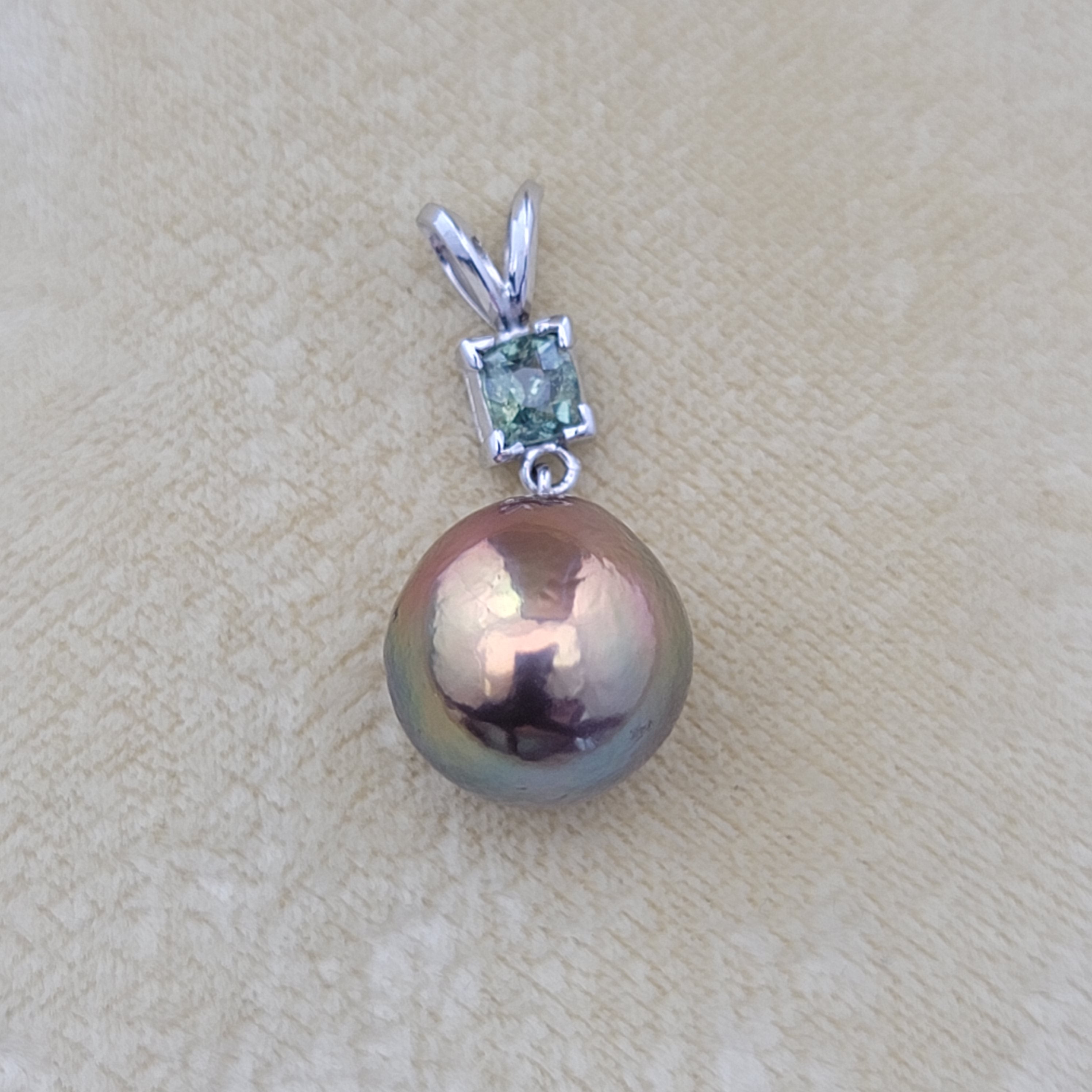 Baroque Metallic Edison Drop Pearl and Bluegreen Sapphire Pendant in 14K