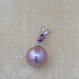 Round Metallic Edison Pearl and Pink Sapphire Pendant in 14K