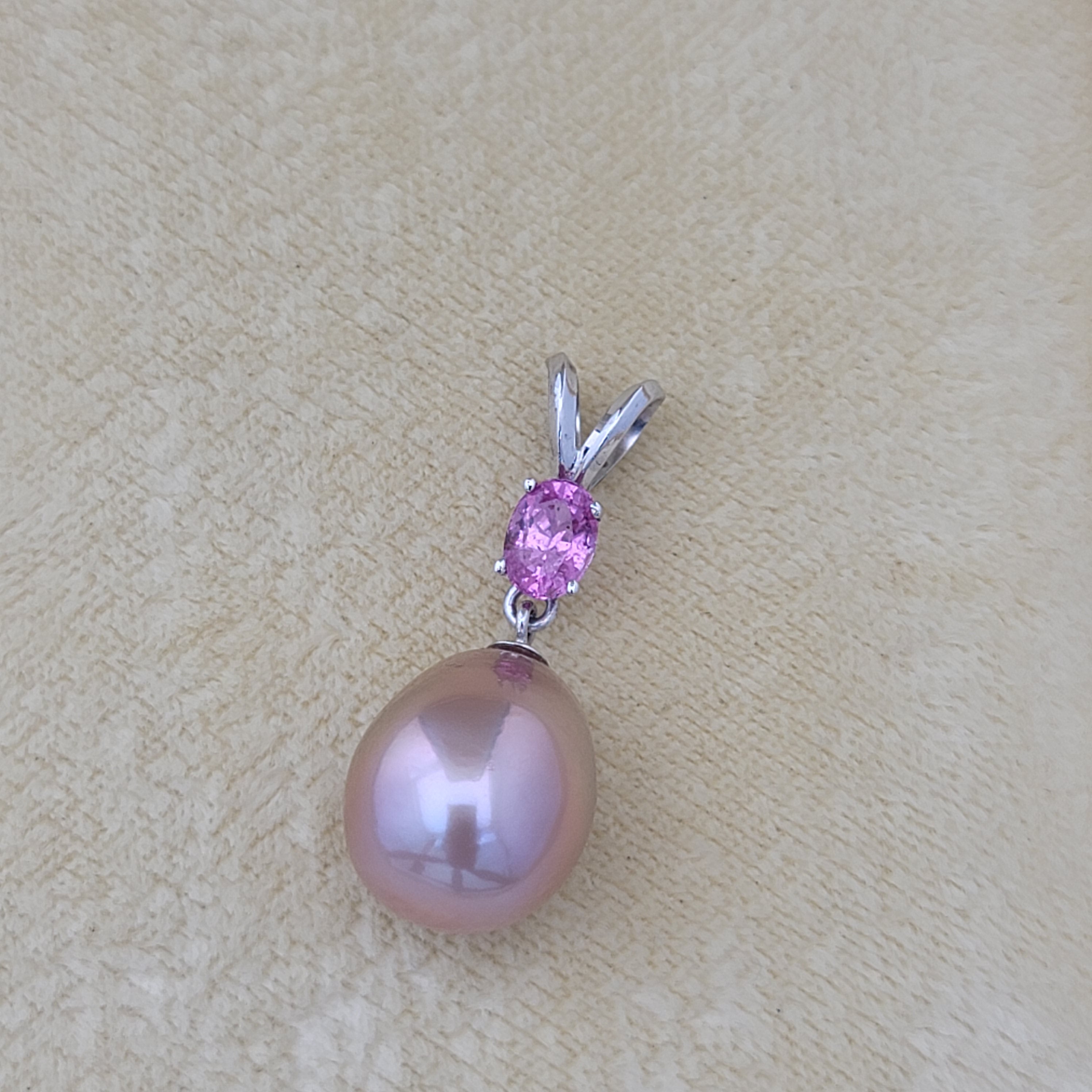 Metallic Edison Pearl and Dark Pink Sapphire Pendant in 14K