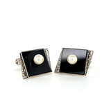 Classic Design Hand-Crafted Vintage Onyx and Pearl Cufflinks in Sterling Silver