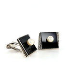 Classic Design Hand-Crafted Vintage Onyx and Pearl Cufflinks in Sterling Silver | Peter's Vaults