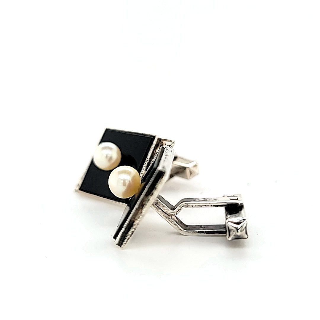 Classic Design Hand-Crafted Vintage Onyx and Pearl Cufflinks in Sterling Silver | Peter's Vaults