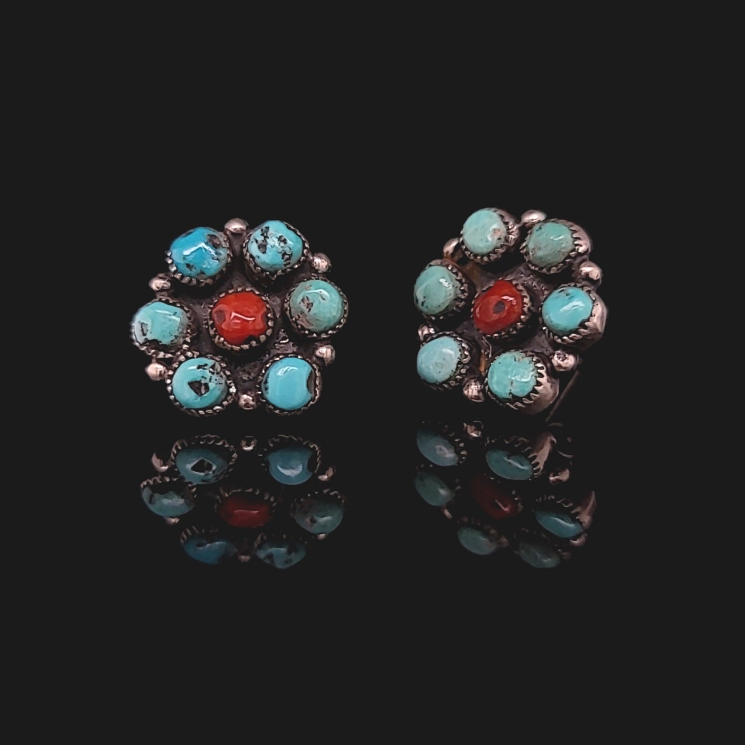 Exquisite Vintage - Antique Sterling Silver Turquoise and Coral Cluster Earrings | Peter's Vaults