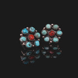 Exquisite Vintage - Antique Sterling Silver Turquoise and Coral Cluster Earrings | Peter's Vaults