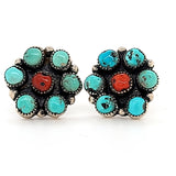 Exquisite Vintage - Antique Sterling Silver Turquoise and Coral Cluster Earrings