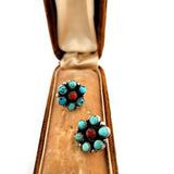 Exquisite Vintage - Antique Sterling Silver Turquoise and Coral Cluster Earrings | Peter's Vaults