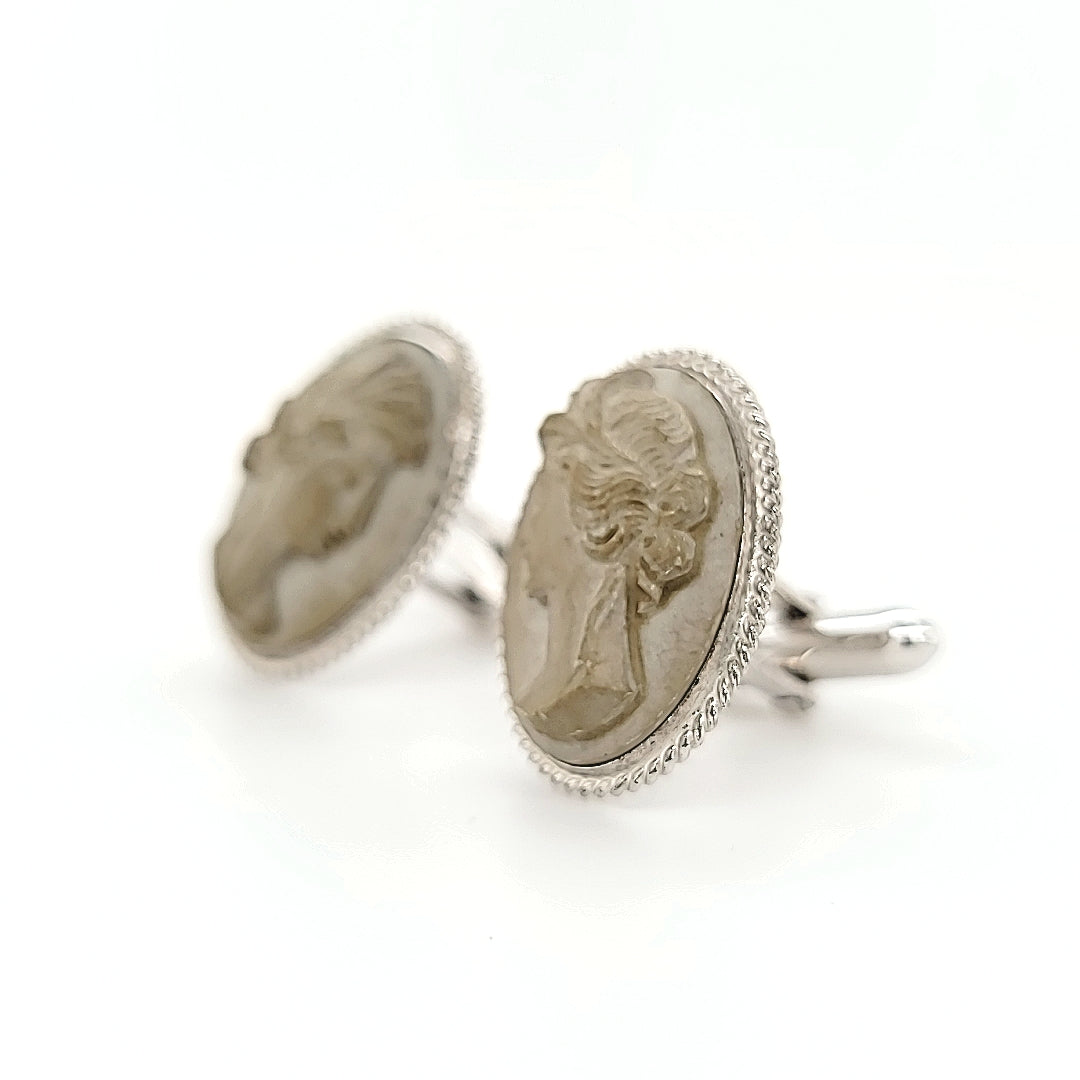 Gorgeous Turn of the Century Antique Lava Cameo Hand-Engraved Sterling Cufflinks | Peter's Vaults