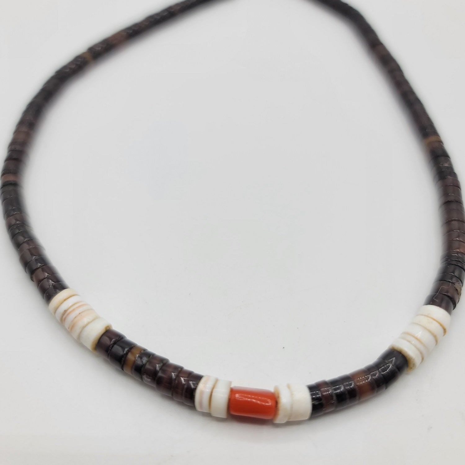 Handcrafted Tiger's Eye White Shell and Coral Heishi Strand -16 Statement Necklace  Peter's Vaults