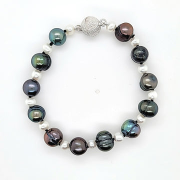 Modern Design Tahitian and Freshwater Pearl Bracelet with Sterling Magnet Clasp