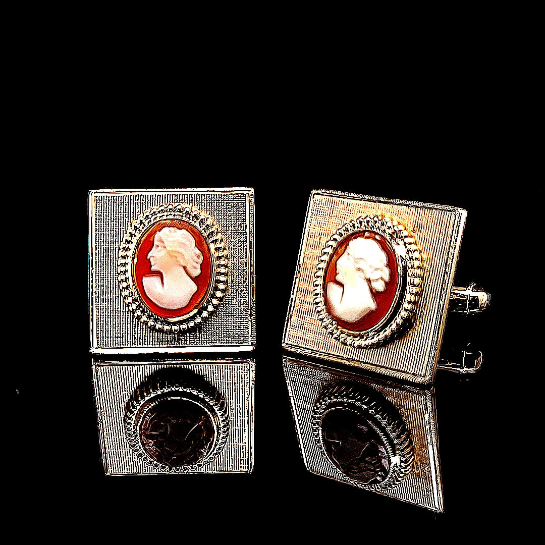Set of Elegant Vintage Gold Plated Classic Cameo Design Cufflinks & Tie - Lapel Pin | Peter's Vaults