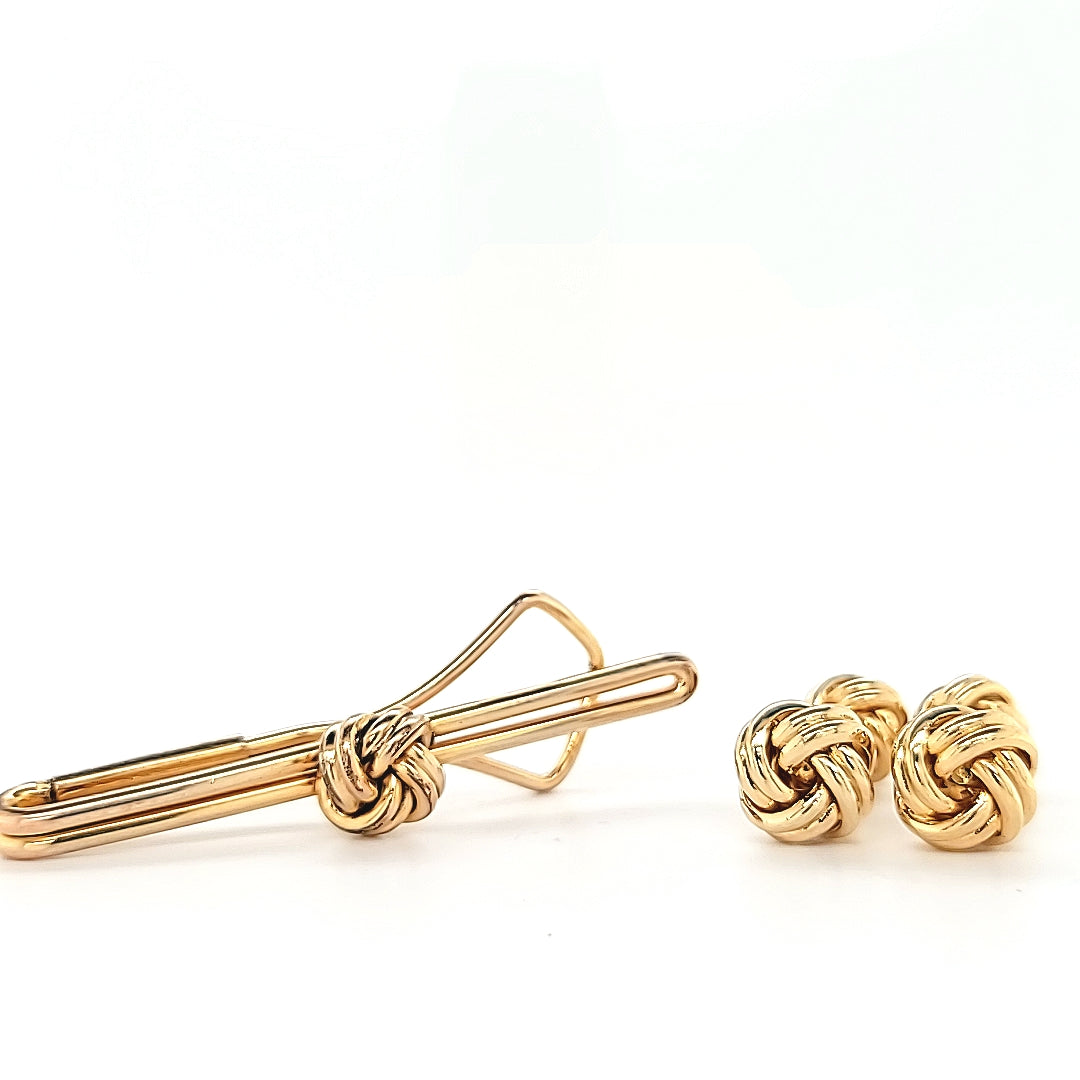 Set of Elegant Vintage Gold Plated Classic Knot Design Cufflinks & Tie Bar | Peter's Vaults