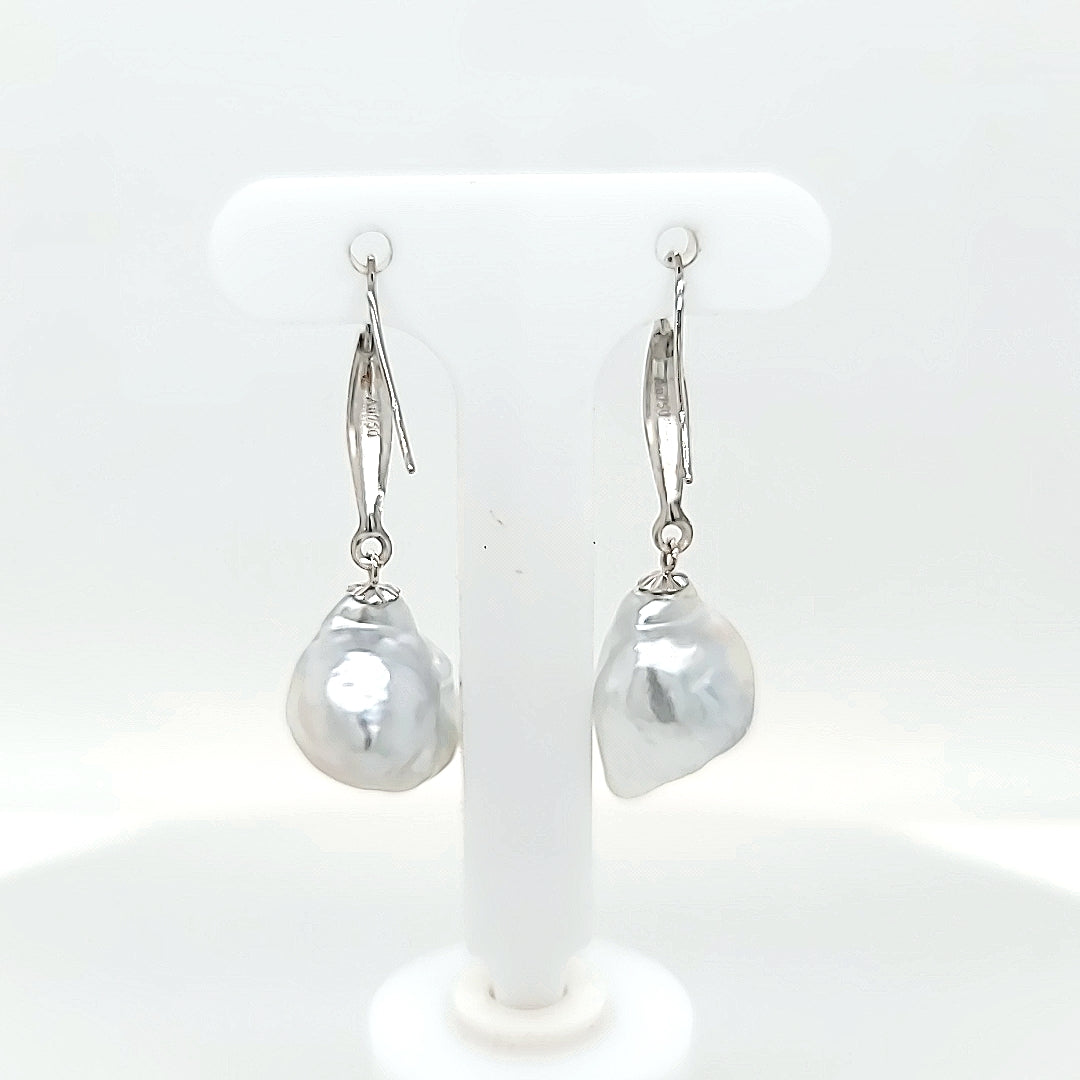 Stunning Akoya Keshi Pearl Drop Earrings in 14KW in RARE Light Blue Color | Peter's Vault