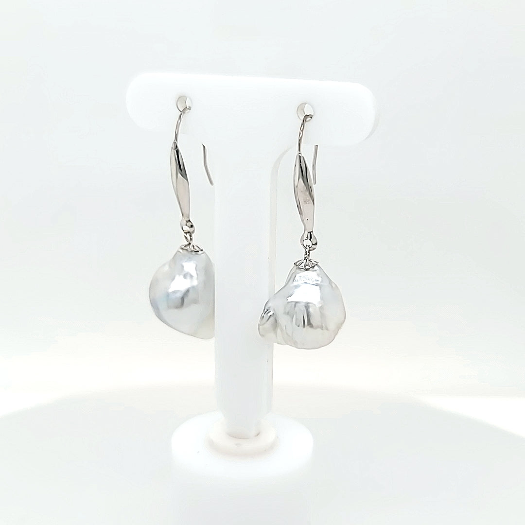 Stunning Akoya Keshi Pearl Drop Earrings in 14KW in RARE Light Blue Color | Peter's Vault